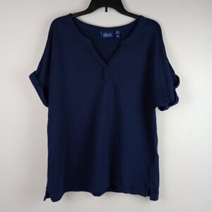 D&Co. Beach Womens M Blue V-Neck Short Sleeve Casual Cotton Knit Pullover Tshirt